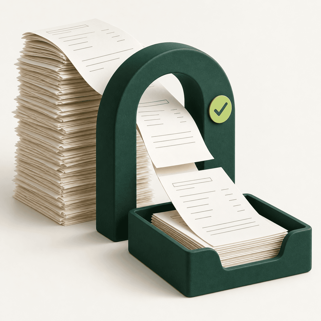 Paper statements moving through a green checkmark arch into an organized tray